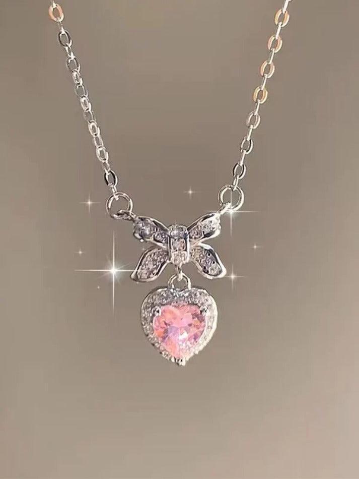 Sweet Glittering Bow Pink Heart Pendant Necklace - AnotherChill