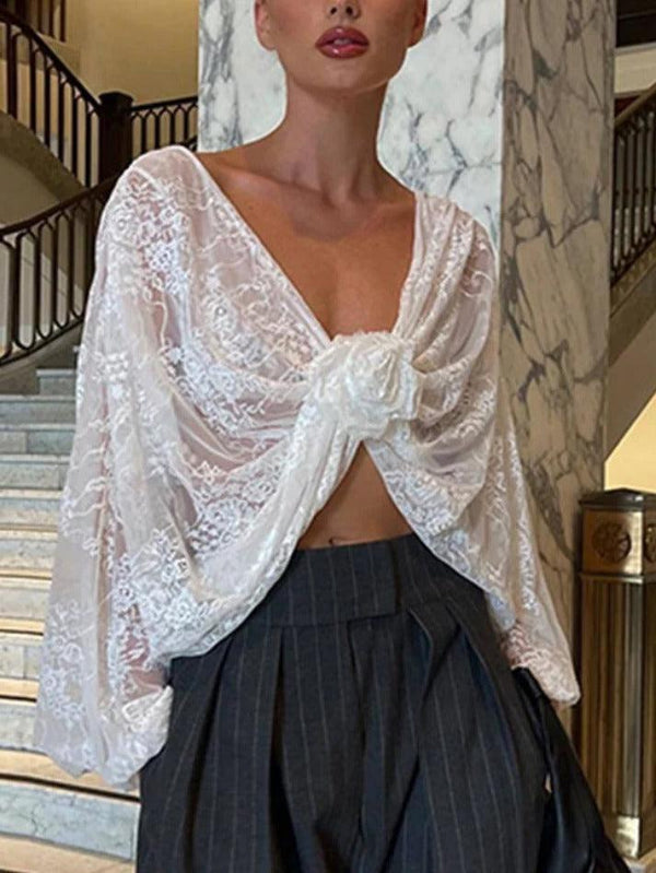 V Neck Lace Slit Long Sleeve Blouse - AnotherChill