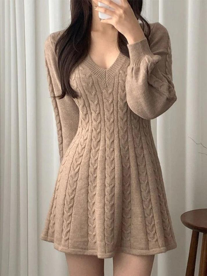 V Neck Long Sleeve Sweater Dress - AnotherChill