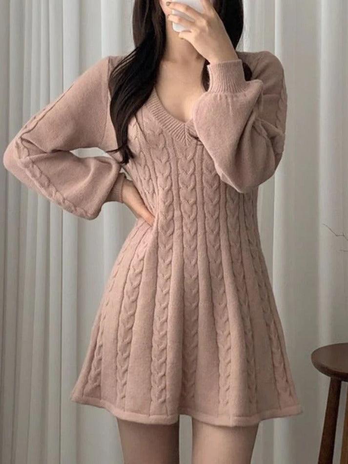 V Neck Long Sleeve Sweater Dress - AnotherChill