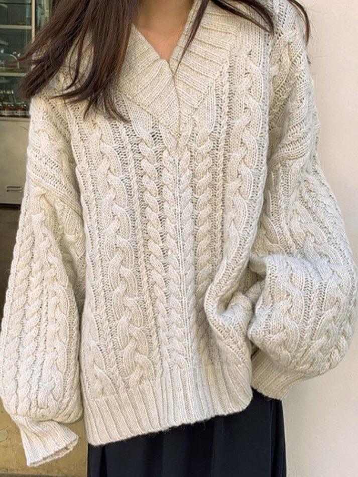 V Neck Pullover Cable Knit Sweater - AnotherChill