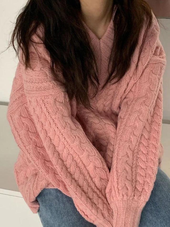 V Neck Pullover Cable Knit Sweater - AnotherChill