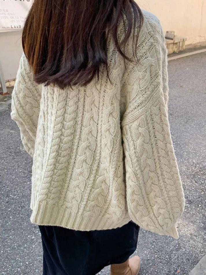 V Neck Pullover Cable Knit Sweater - AnotherChill