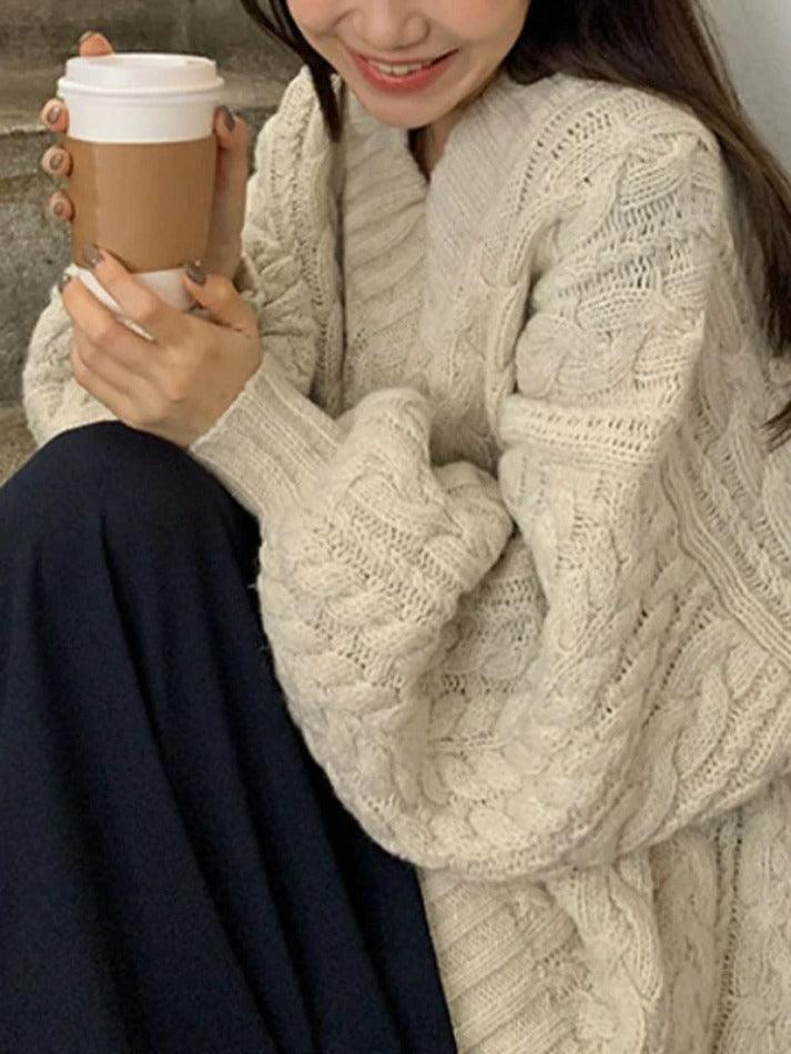 V Neck Pullover Cable Knit Sweater - AnotherChill