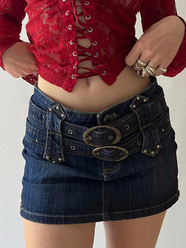 Vintage Denim Buckle Wrap Hip Mini Skirt - AnotherChill