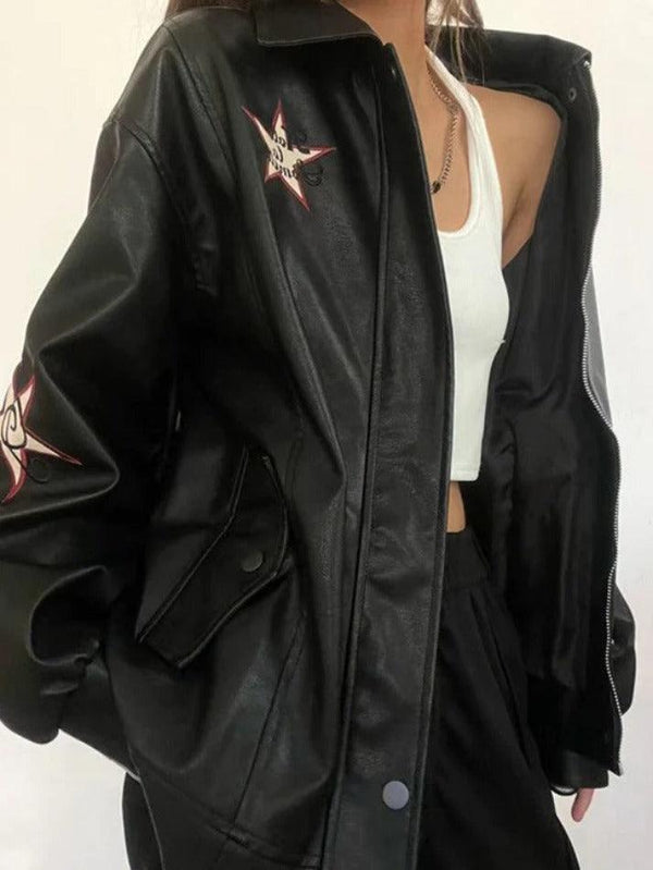 Vintage Embroidery Lapel Neck Leather Jacket - AnotherChill