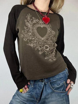 Vintage Heart Print Raglan Long Sleeve Tee - AnotherChill