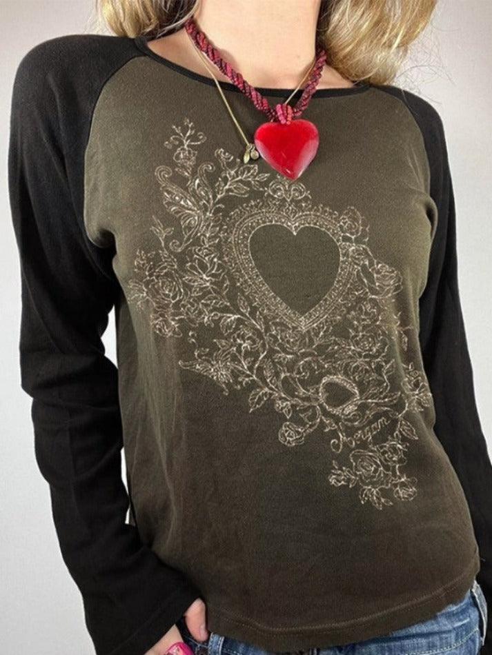 Vintage Heart Print Raglan Long Sleeve Tee - AnotherChill