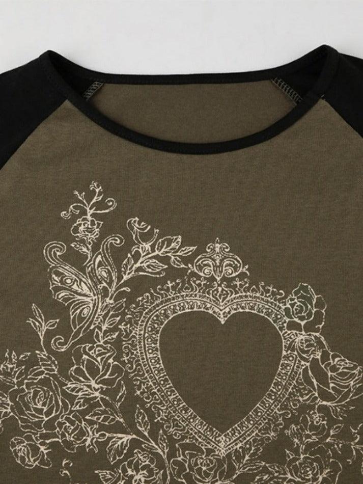 Vintage Heart Print Raglan Long Sleeve Tee - AnotherChill