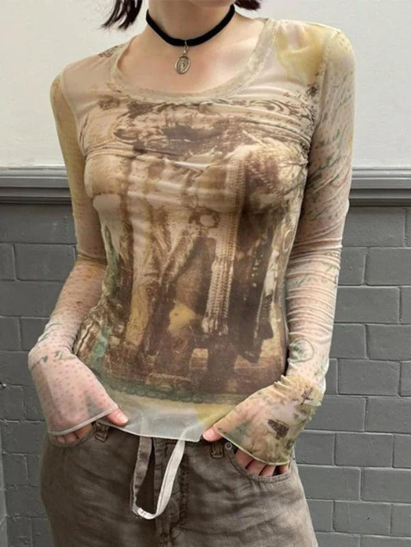 Vintage Print Mesh Slim Long Sleeve Tee - AnotherChill