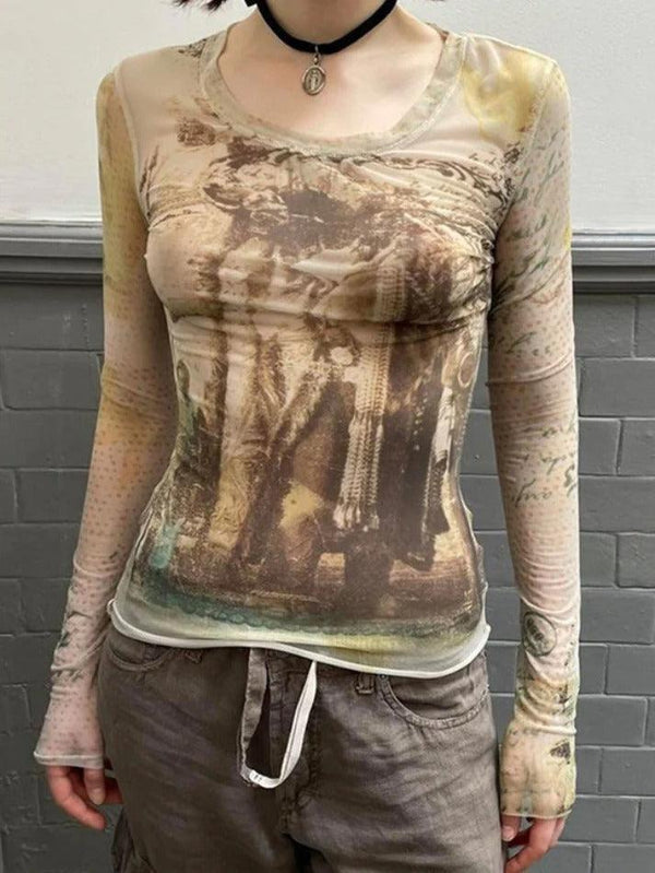 Vintage Print Mesh Slim Long Sleeve Tee - AnotherChill