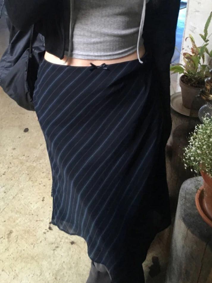Vintage Stripe Double Layered Mesh Midi Skirt - AnotherChill