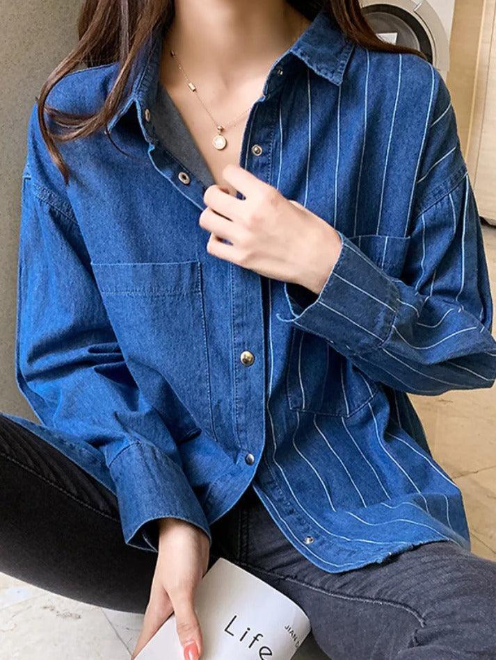 Vintage Striped Splice Denim Blouses&Shirts - AnotherChill