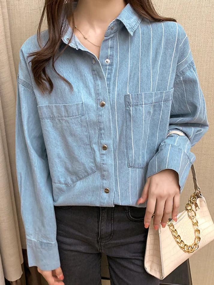 Vintage Striped Splice Denim Blouses&Shirts - AnotherChill