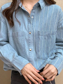 Vintage Striped Splice Denim Blouses&Shirts - AnotherChill