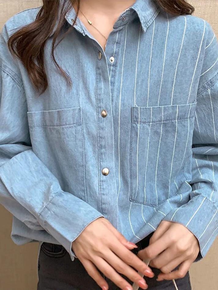 Vintage Striped Splice Denim Blouses&Shirts - AnotherChill