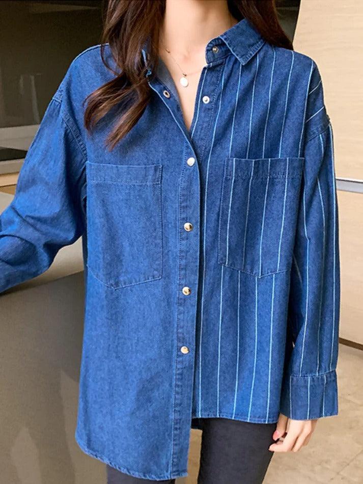 Vintage Striped Splice Denim Blouses&Shirts - AnotherChill