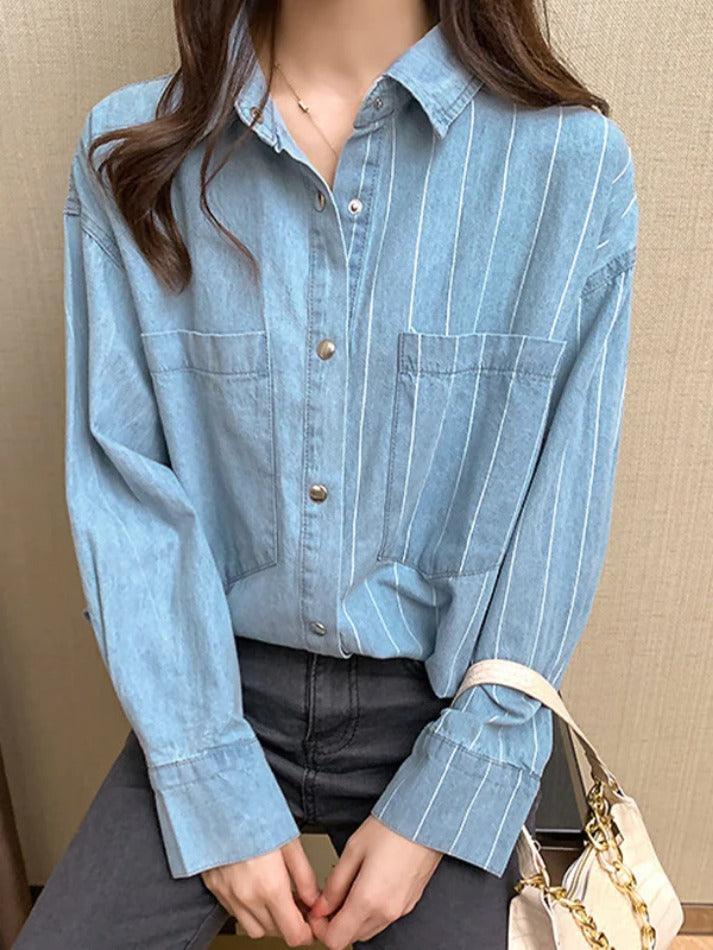 Vintage Striped Splice Denim Blouses&Shirts - AnotherChill