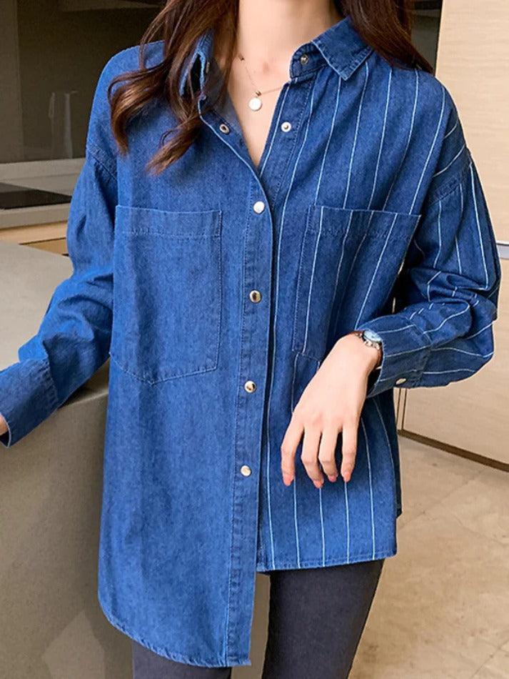 Vintage Striped Splice Denim Blouses&Shirts - AnotherChill