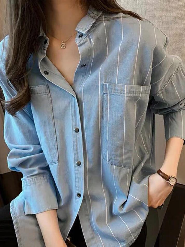 Vintage Striped Splice Denim Blouses&Shirts - AnotherChill