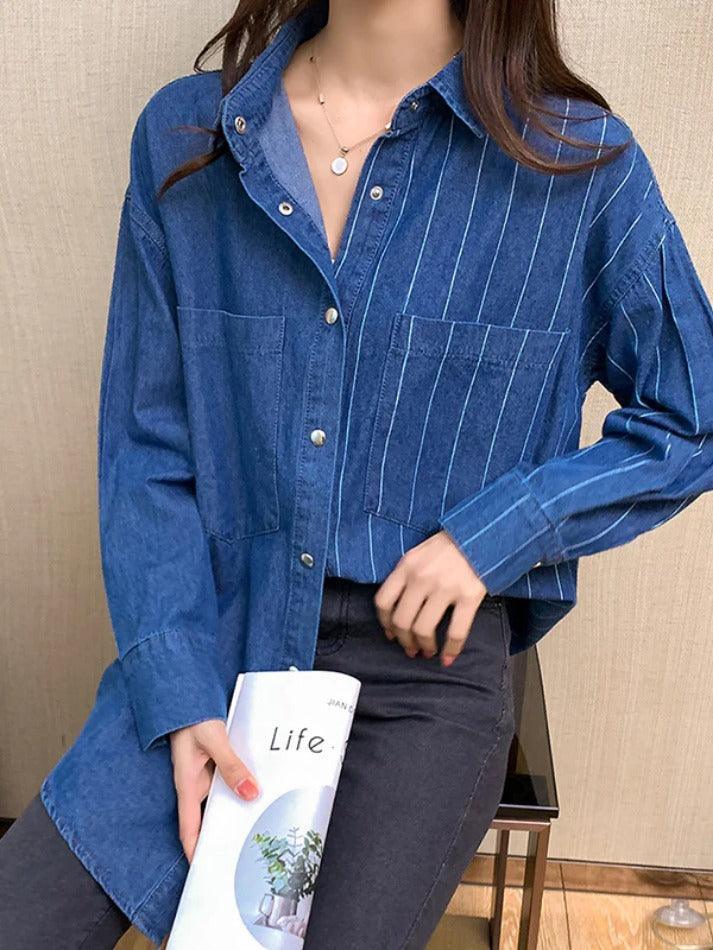 Vintage Striped Splice Denim Blouses&Shirts - AnotherChill