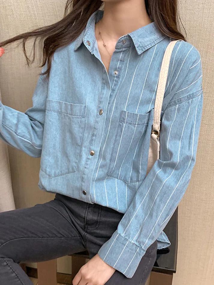 Vintage Striped Splice Denim Blouses&Shirts - AnotherChill